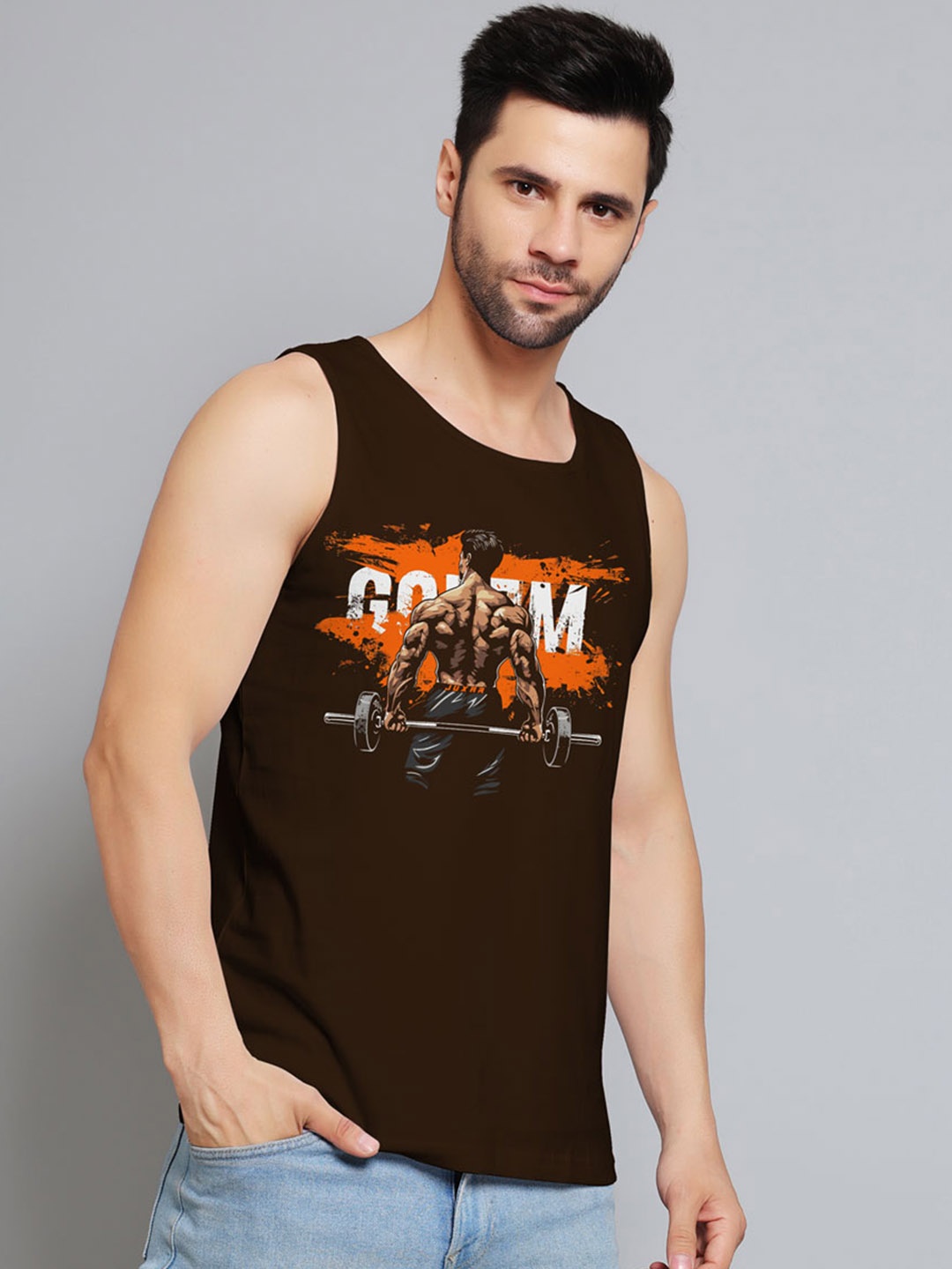 

Juxar Printed Round Cotton Neck Gym Vest JXR-127SAN-BR-XS, Brown