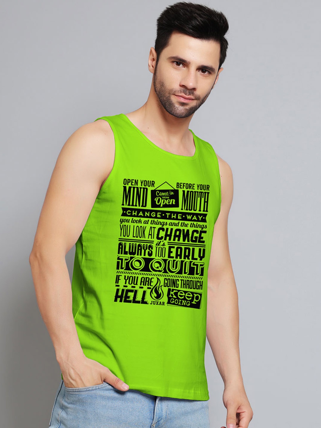 

Juxar Open Your Mind Printed Cotton Gym Vest JXR-095SAN-GN-XS, Green