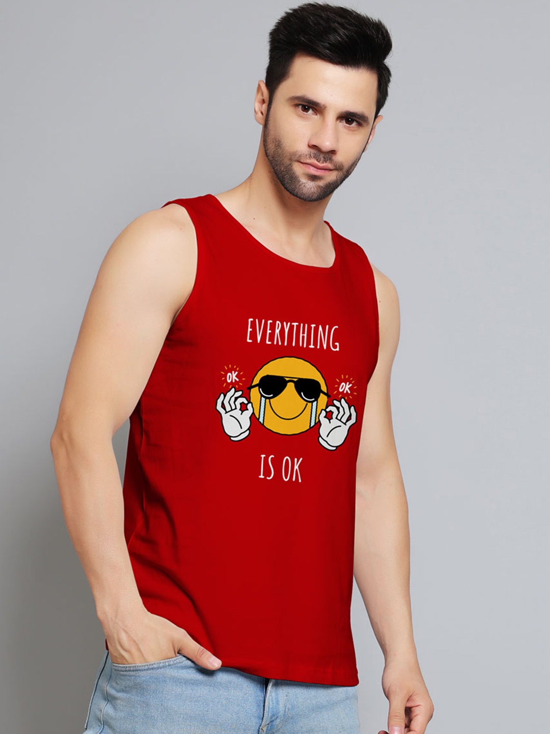 

Juxar Everythink Is Ok Printed Cotton Gym Vest JXR-079SAN-RD-XS, Red