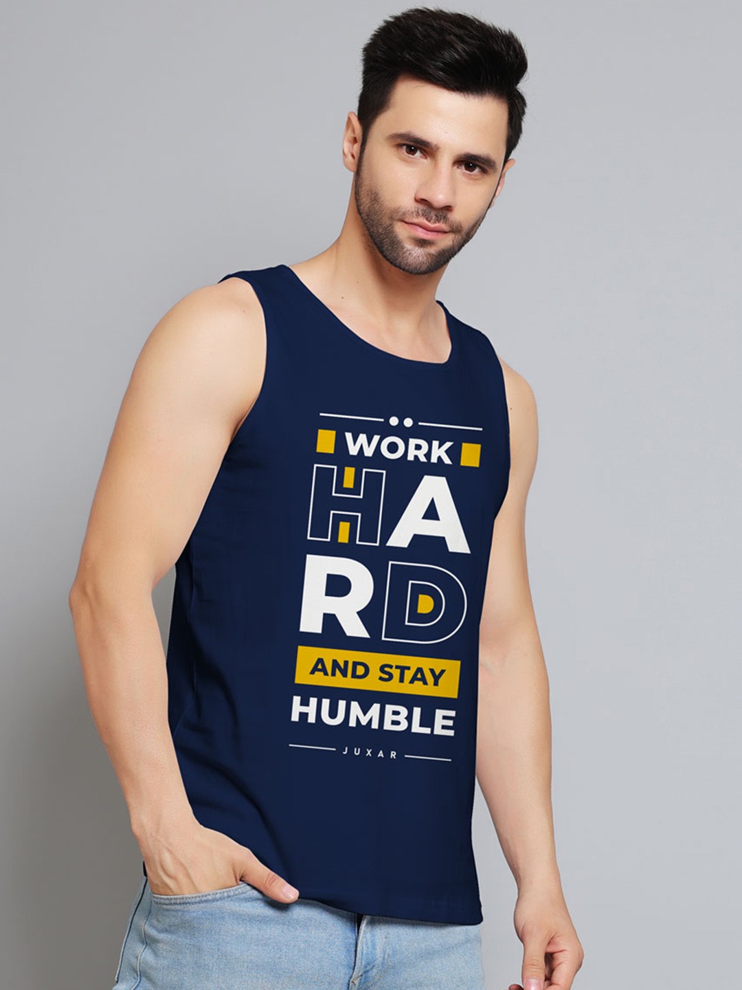 

Juxar Work Hard And Stay Humble Printed Cotton Gym Vest JXR-069SAN-NY-XS, Navy blue