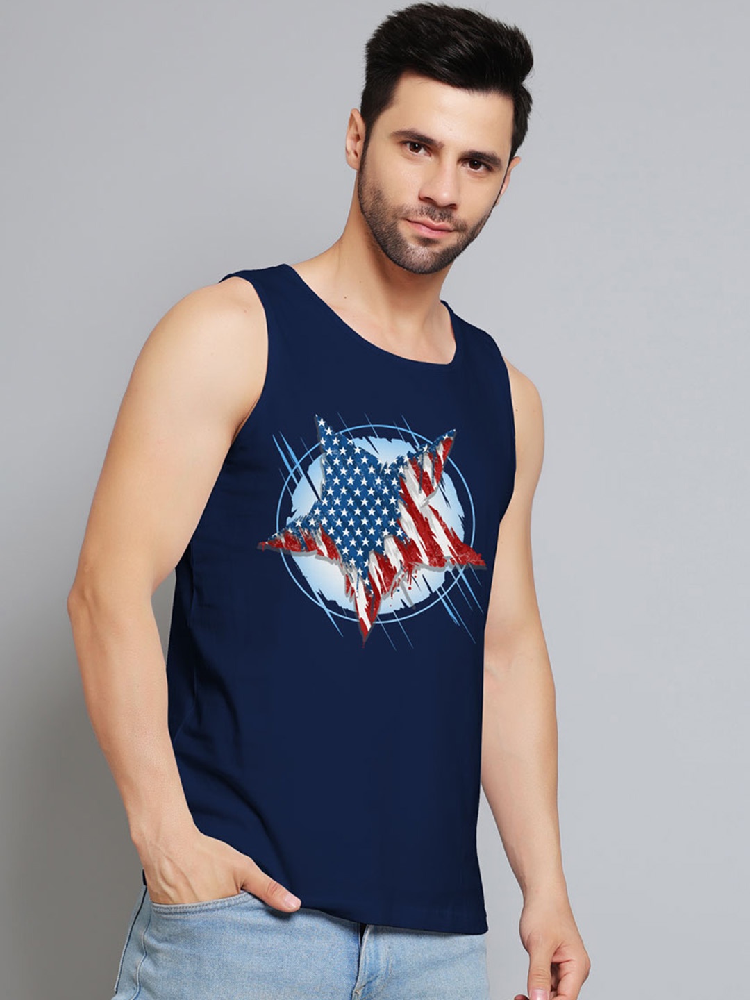 

Juxar Star USA Printed Cotton Gym Vest JXR-090SAN-NY-XS, Navy blue