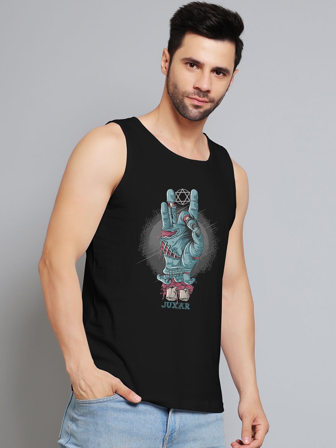 Juxar Wear Hand Printed Round Neck Cotton Gym Vest JXR-075SAN-BK-XS, Black