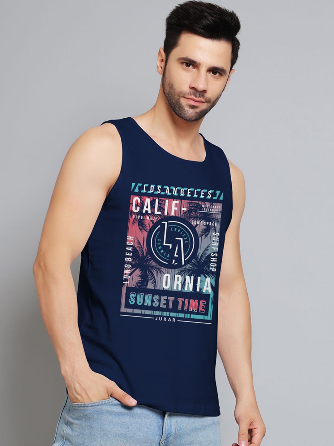

Juxar Calif LA Ornia Printed Round Neck Cotton Gym VestJXR-067SAN-NY-XS, Navy blue