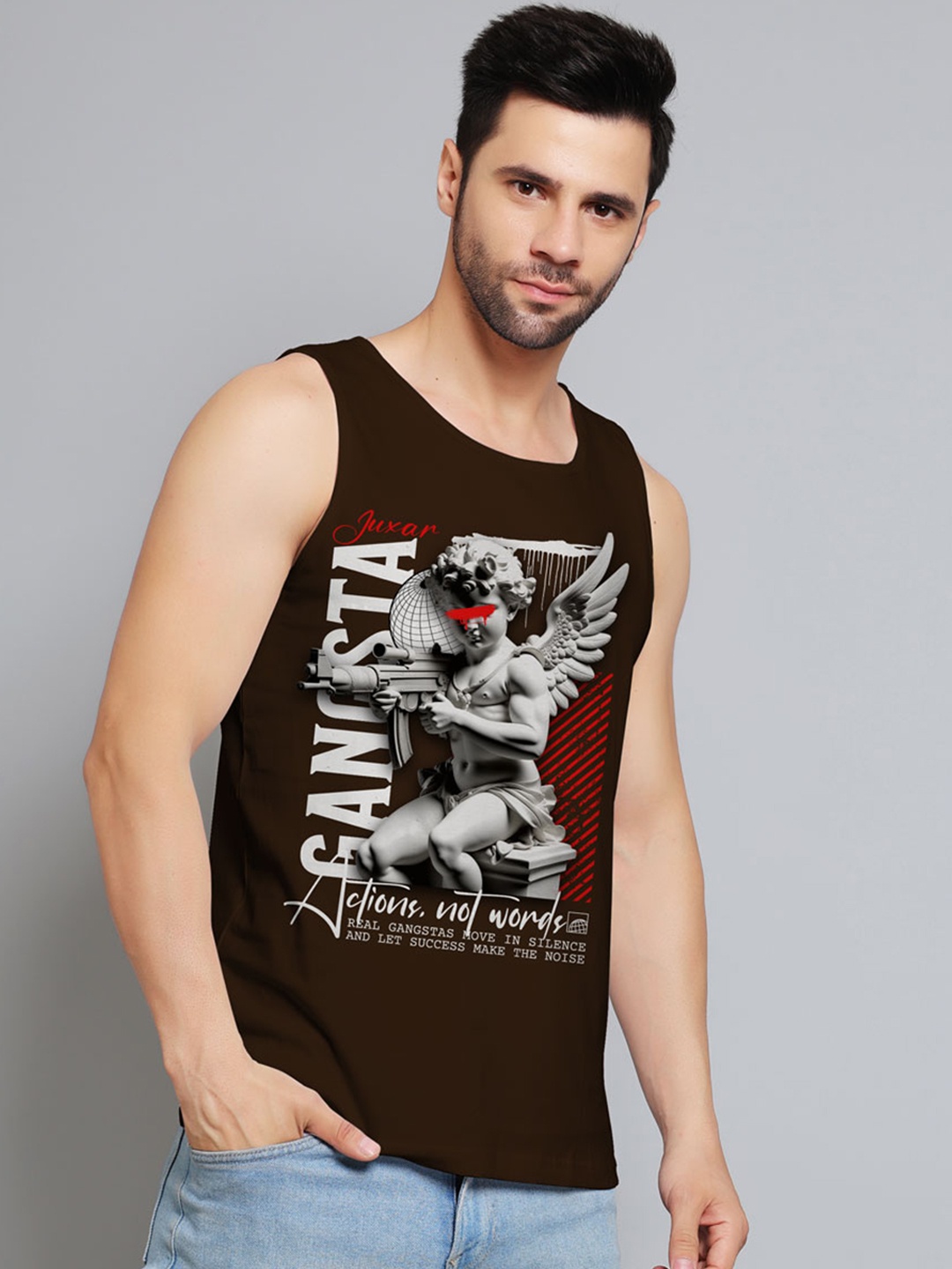 Juxar Printed Cotton Innerwear Vests JXR-099SAN-BR-XS, Brown