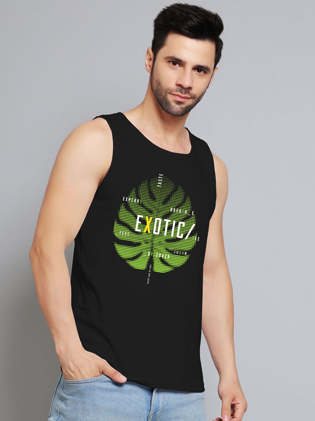 

Juxar Exotic Printed Round Neck Cotton Gym Vest JXR-080SAN-BK-XS, Black