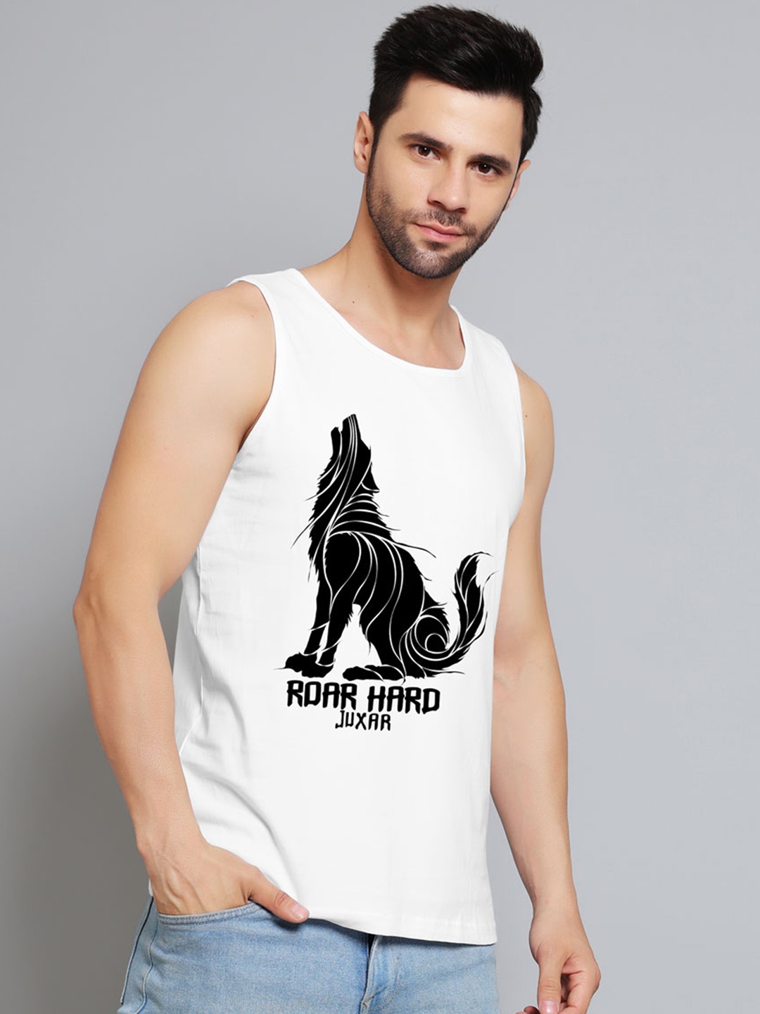 

Juxar Roar Hard Printed Cotton Sleeveless Innerwear Vests JXR-074SAN-WH-XS, White