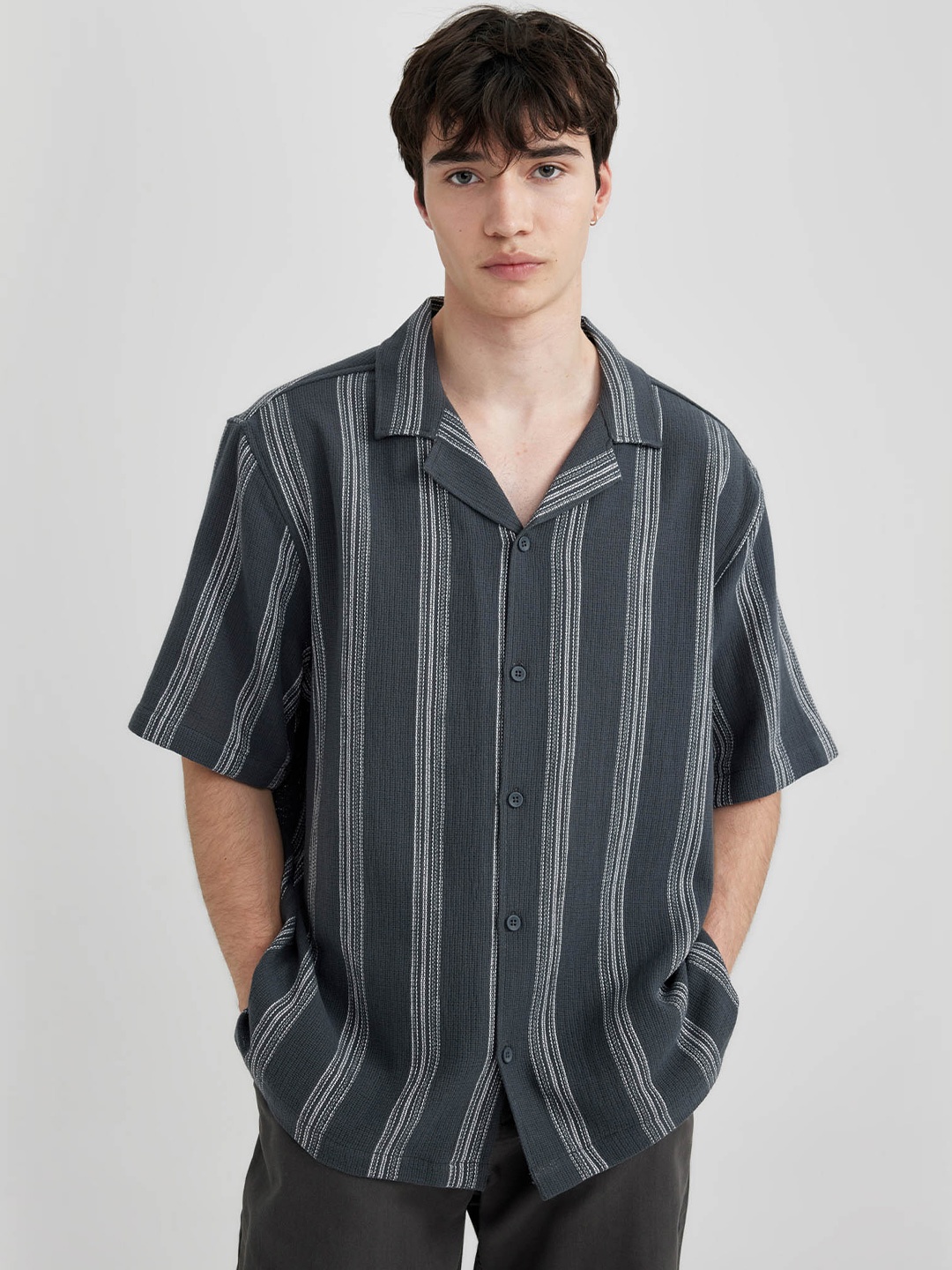 DeFacto Striped Self Design Cuban Collar Casual Shirt, Grey