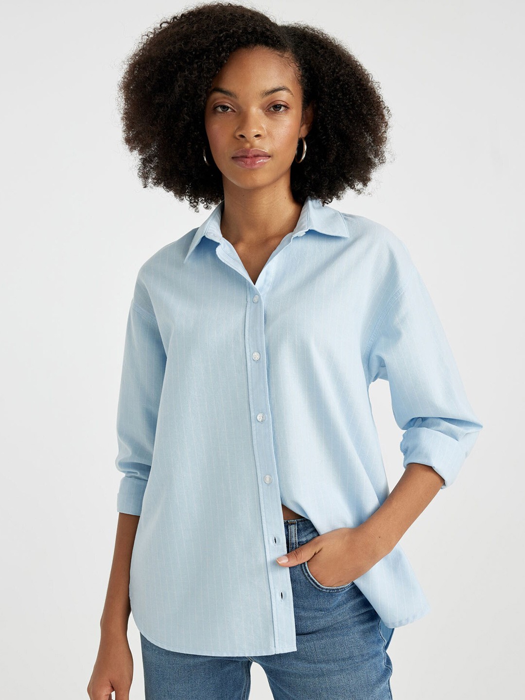

DeFacto Vertical Striped Pure Cotton Casual Shirt, Blue