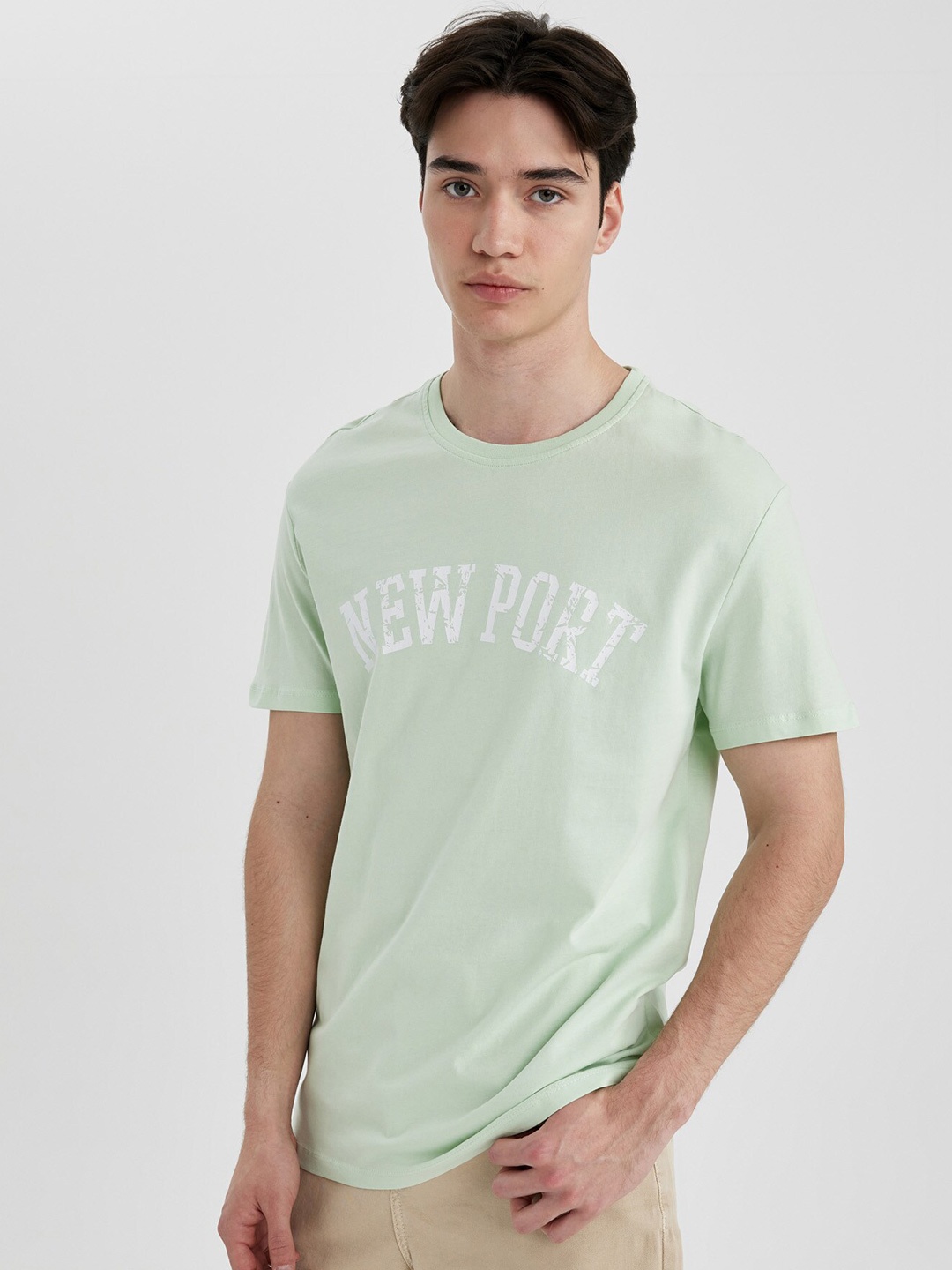 DeFacto Typography Printed Round Neck Pure Cotton Casual T-shirt, Green