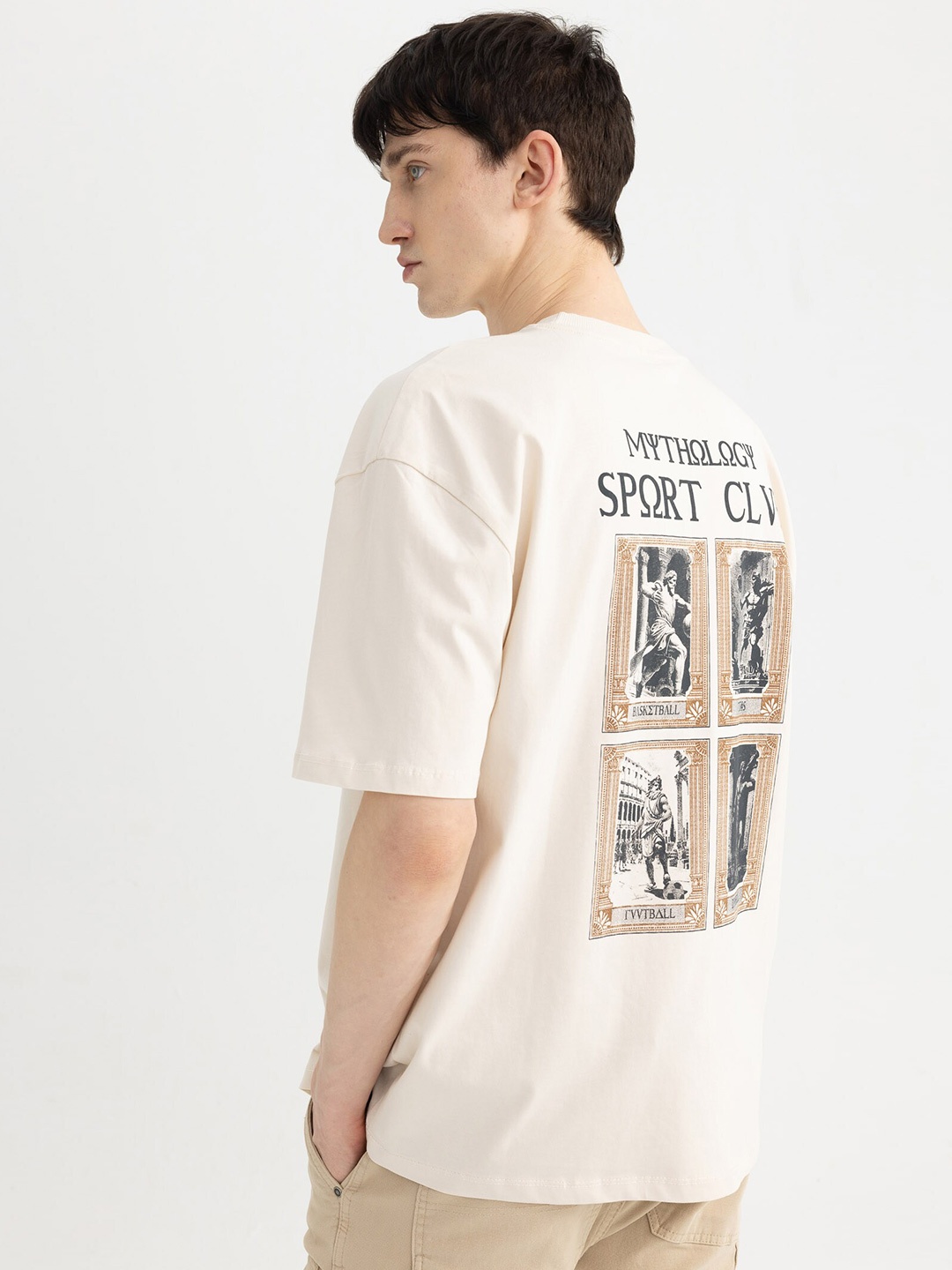 DeFacto Graphic Printed Drop Shoulder Cotton Oversized T-shirt, Off white
