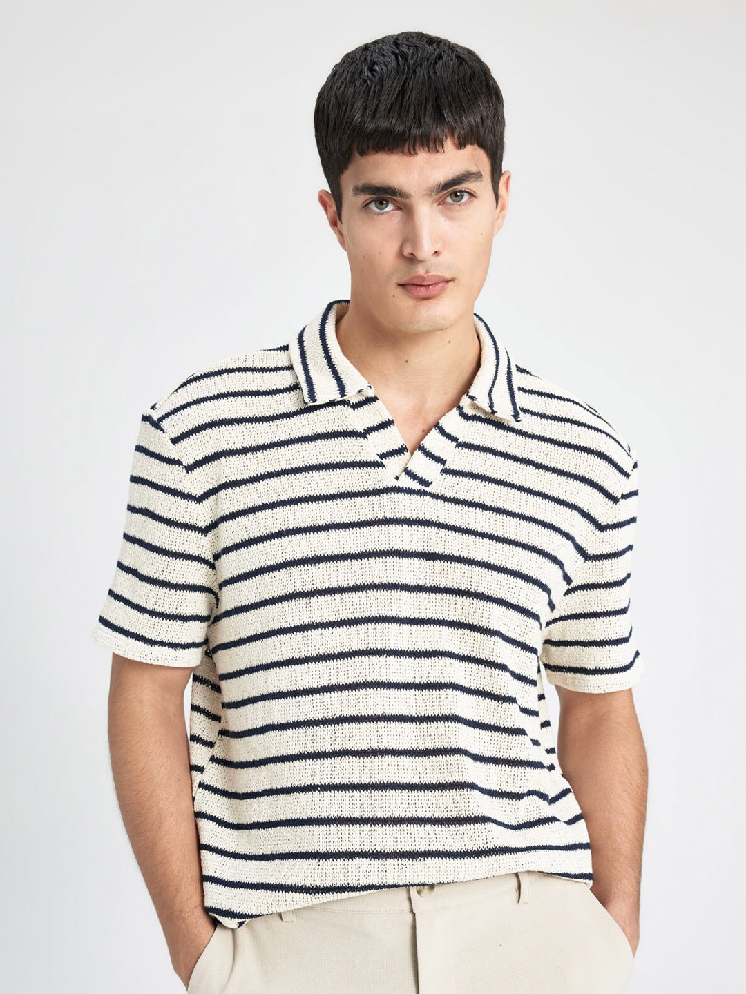 

DeFacto Horizontal Striped Polo Collar T-shirt, White