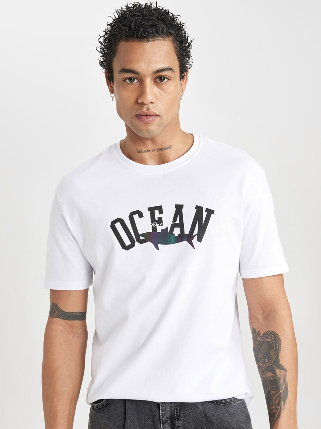 DeFacto Typography Printed Round Neck Short Sleeves Cotton T-shirt, White