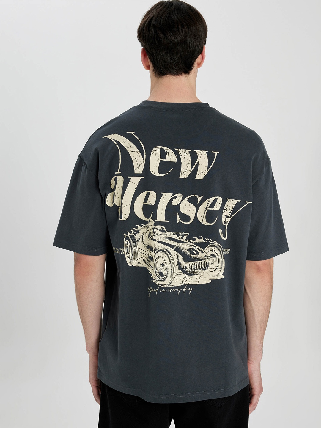 

DeFacto Typography Printed Drop-Shoulder Sleeves Cotton T-shirt, Grey