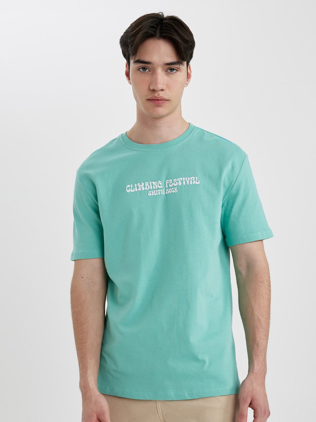DeFacto Typography Printed Round Neck Short Sleeves Cotton T-shirt, Green