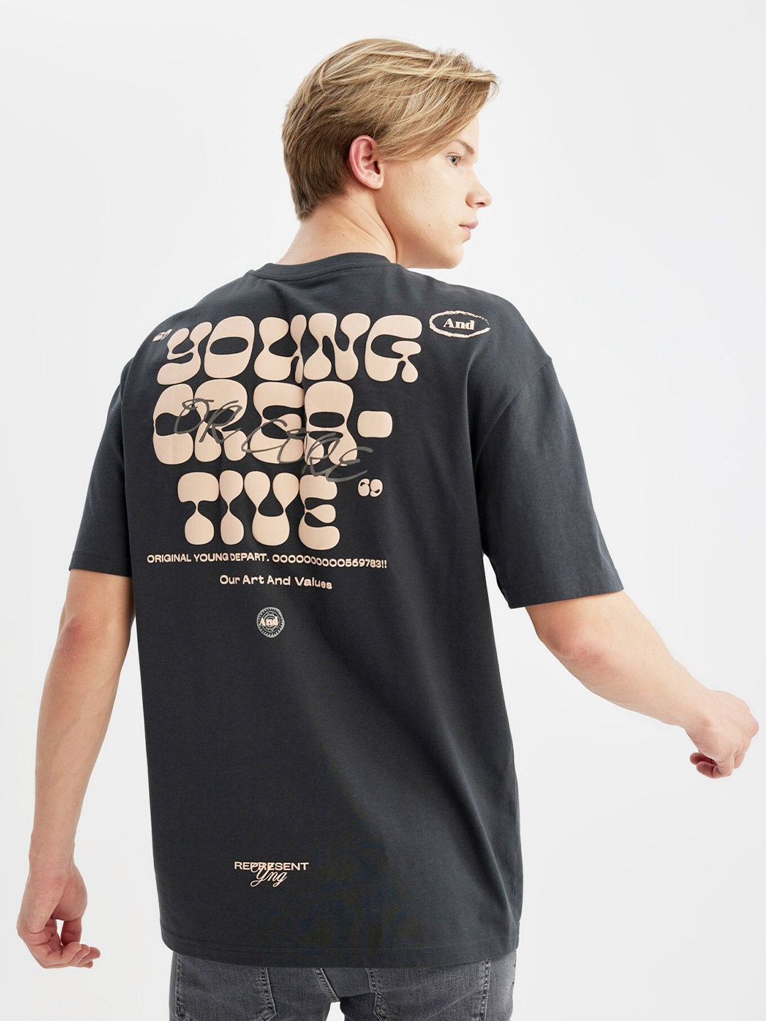 

DeFacto Typography Printed Round Neck Pure Cotton Casual T-shirt, Black