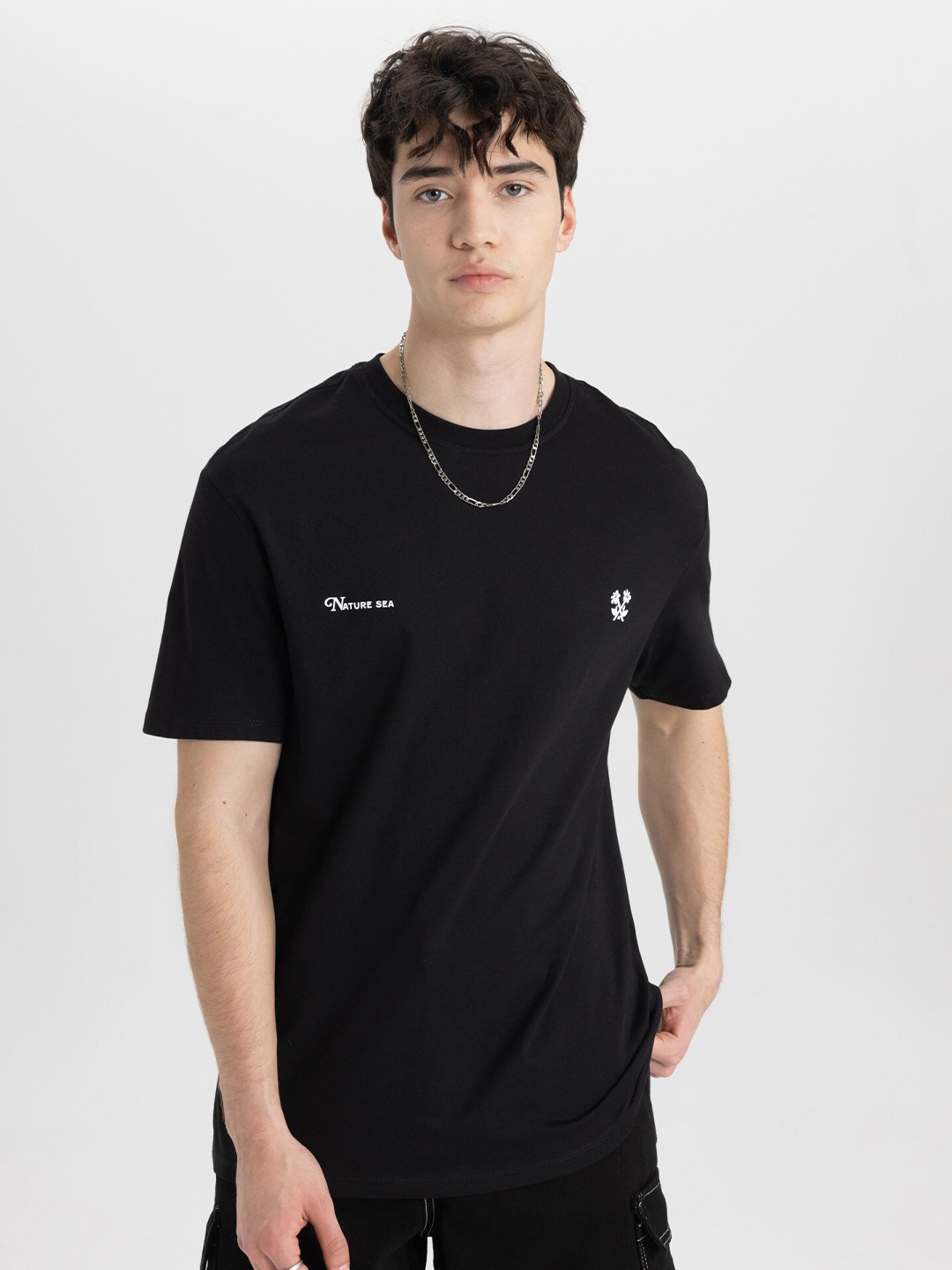 DeFacto Round Neck Pure Cotton Casual T-shirt, Black