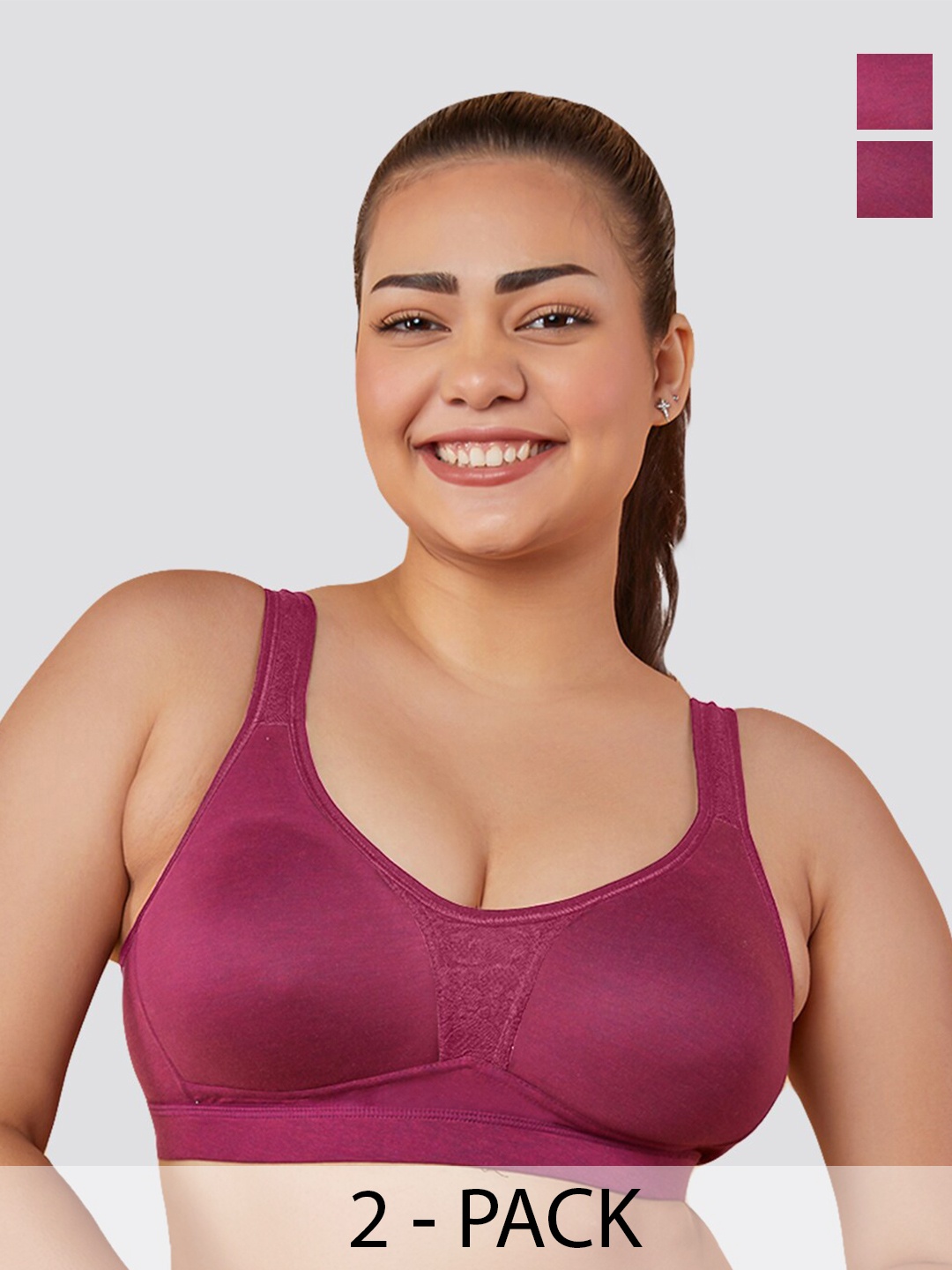 MAASHIE Pack of 2 Moulded Cups Non Padded Wirefree Bra BGD-BGD, Burgundy