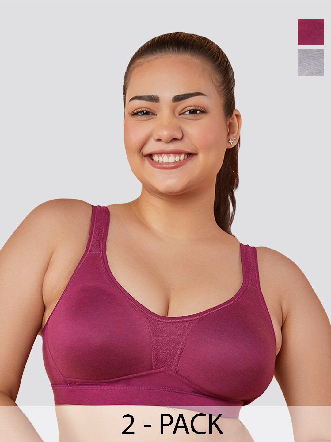 

MAASHIE Pack of 2 Moulded Cups Non Padded Wirefree Bra BGD-GRY, Burgundy