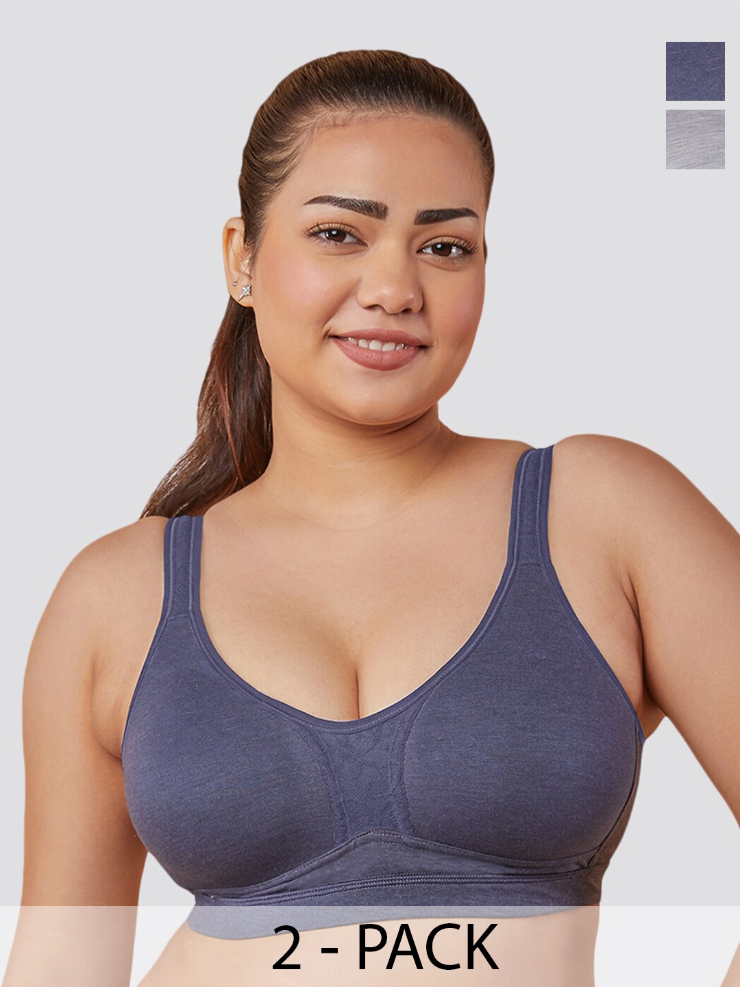

MAASHIE Pack of 2 Moulded Cups Non Padded Wirefree Bra BLU-GRY, Blue