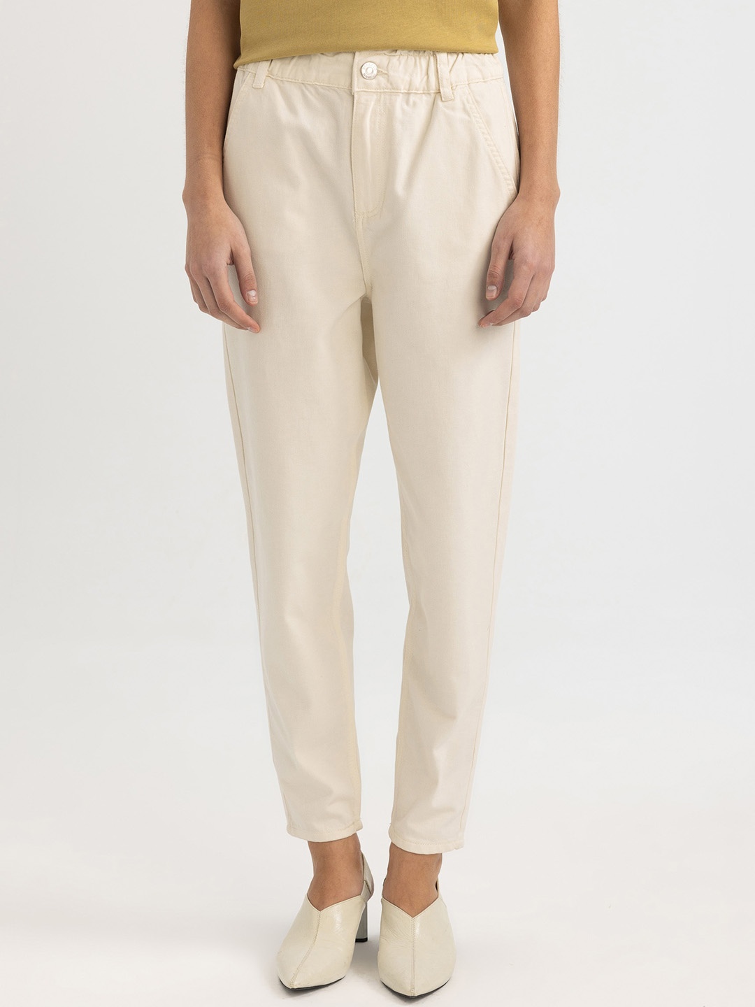 DeFacto Women Mid-Rise Pure Cotton Trousers, Beige