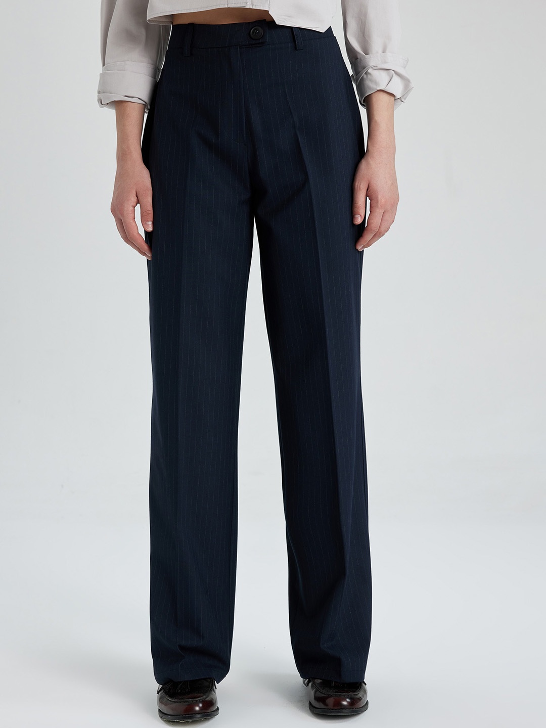 

DeFacto Women Mid Rise Striped Parallel Trousers, Navy blue