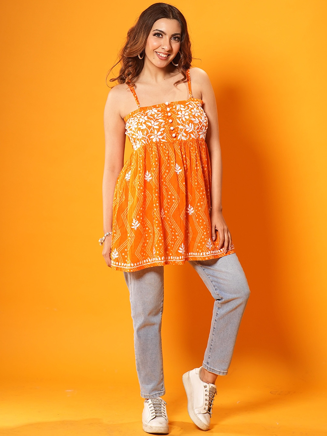 

House of Chikankari Floral Printed Shoulder Straps Mulmul Chikankari Top, Orange