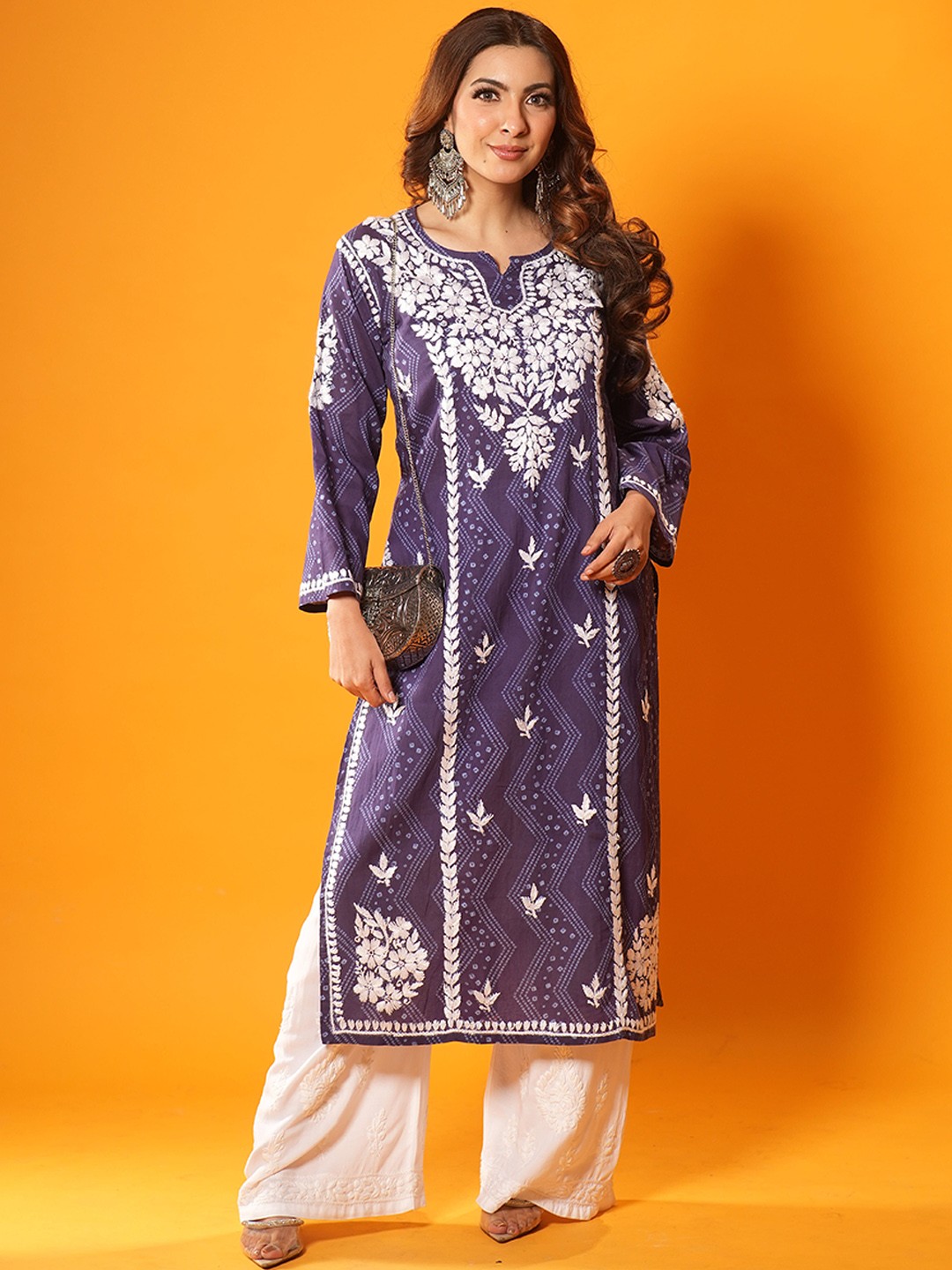 

House of Chikankari Tribal Printed Round Neck Zari Mulmul Cotton Straight Kurta, Violet