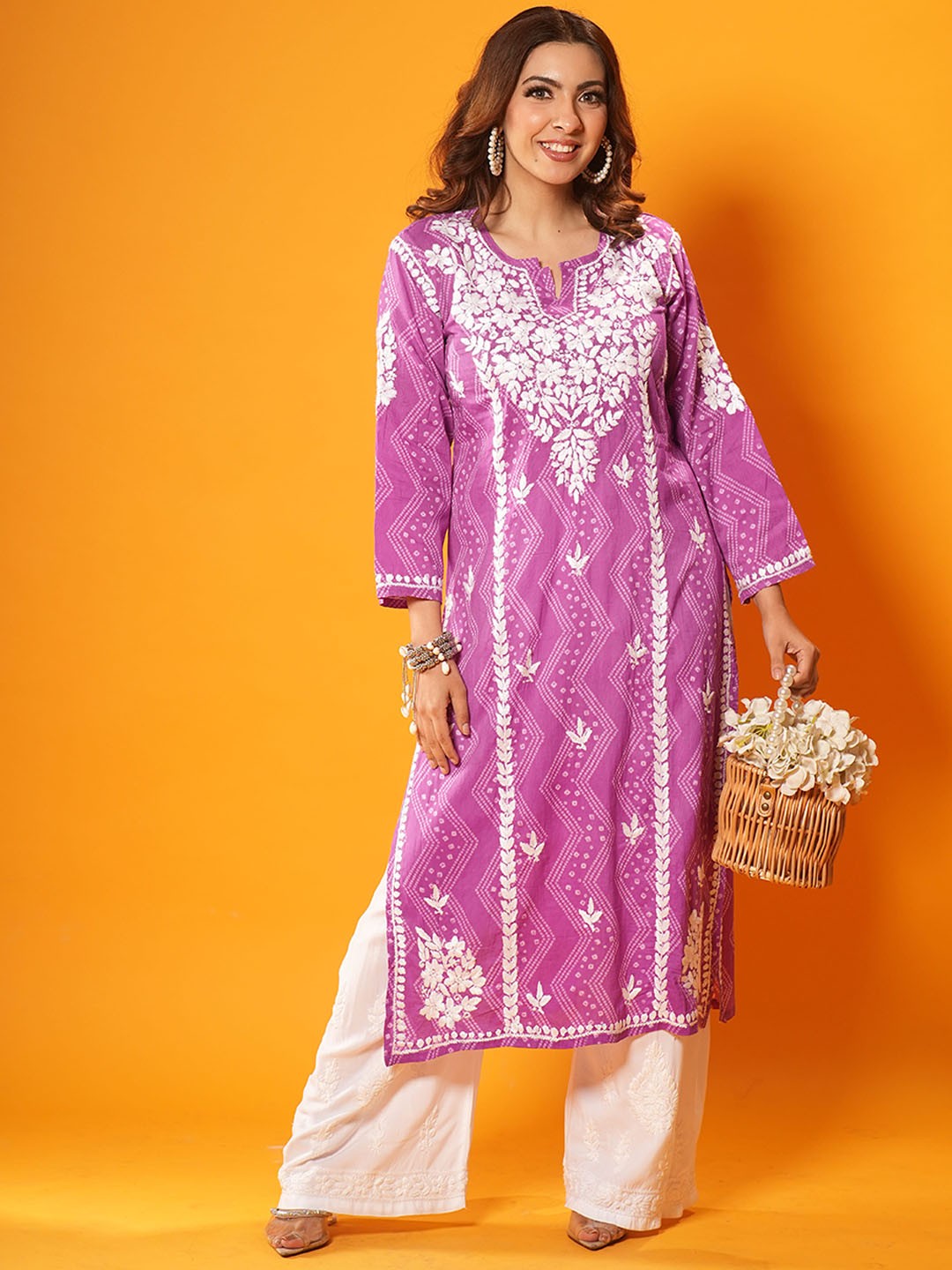 

House of Chikankari Ethnic Motifs Embroidered Flared Zari Cotton A-Line Kurta, Lavender