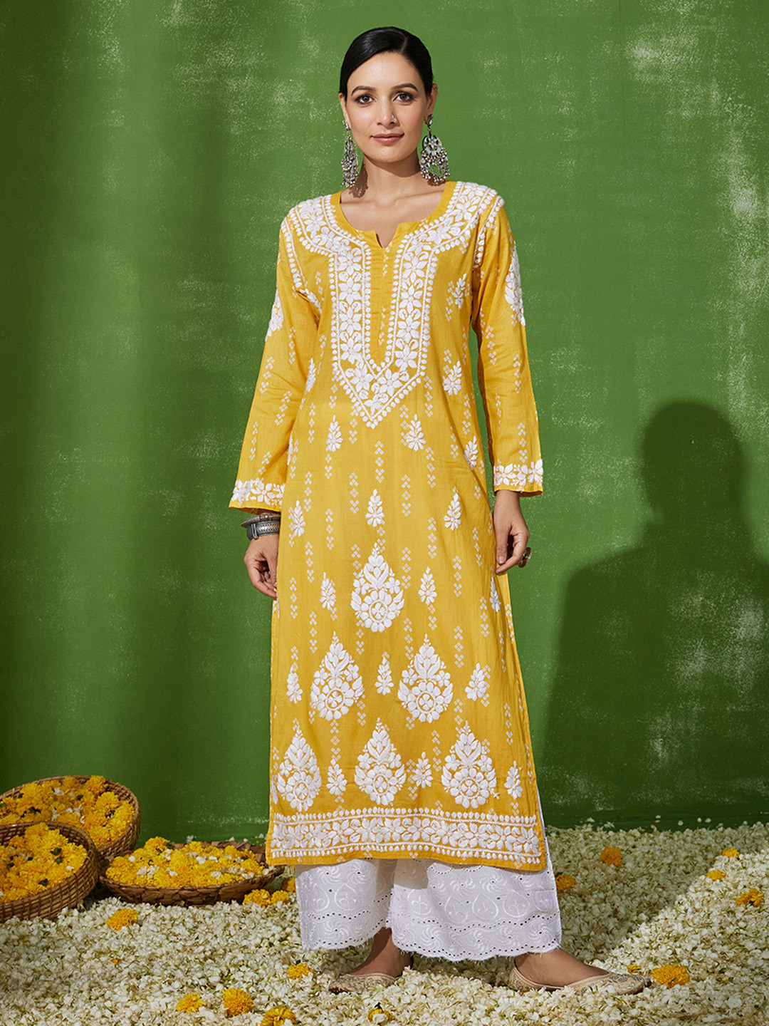 

House of Chikankari Chikankari Woven Kurta, Yellow
