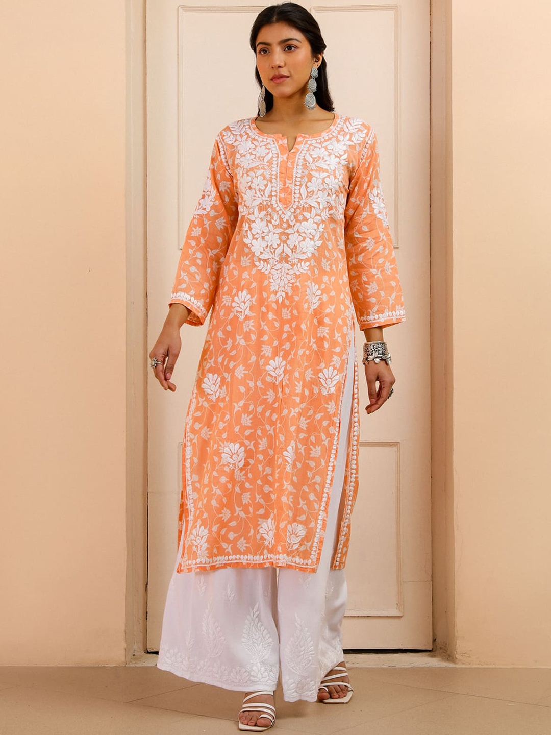 

House of Chikankari Embroidered Round Neck Mulmul Chikankari Thread Work Straight Kurta, Orange