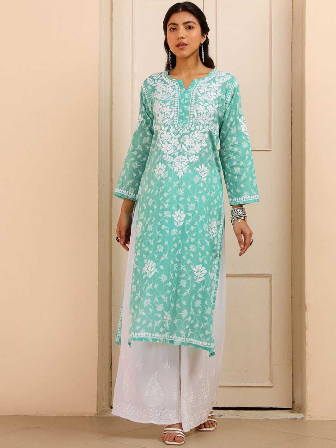 

House of Chikankari Floral Embroidered Notched Neck Chikankari Mulmul Cotton Kurta, Green
