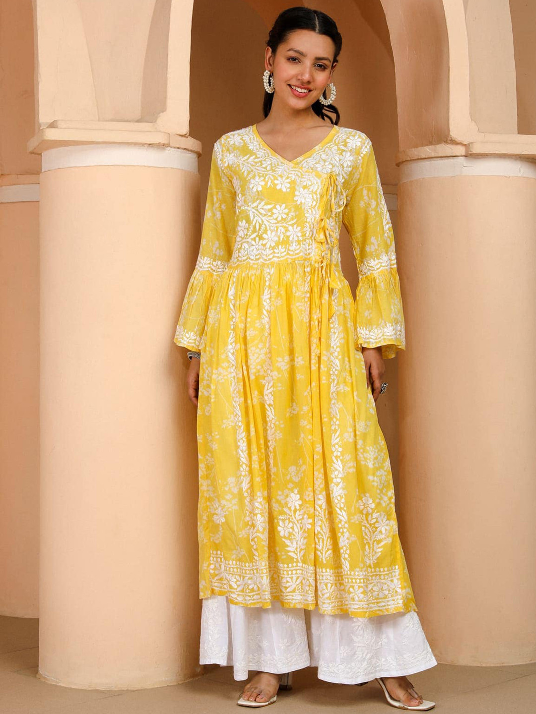 

House of Chikankari Ethnic Motifs Printed V-Neck Mulmul Chikankari Anarkali Kurta, Yellow