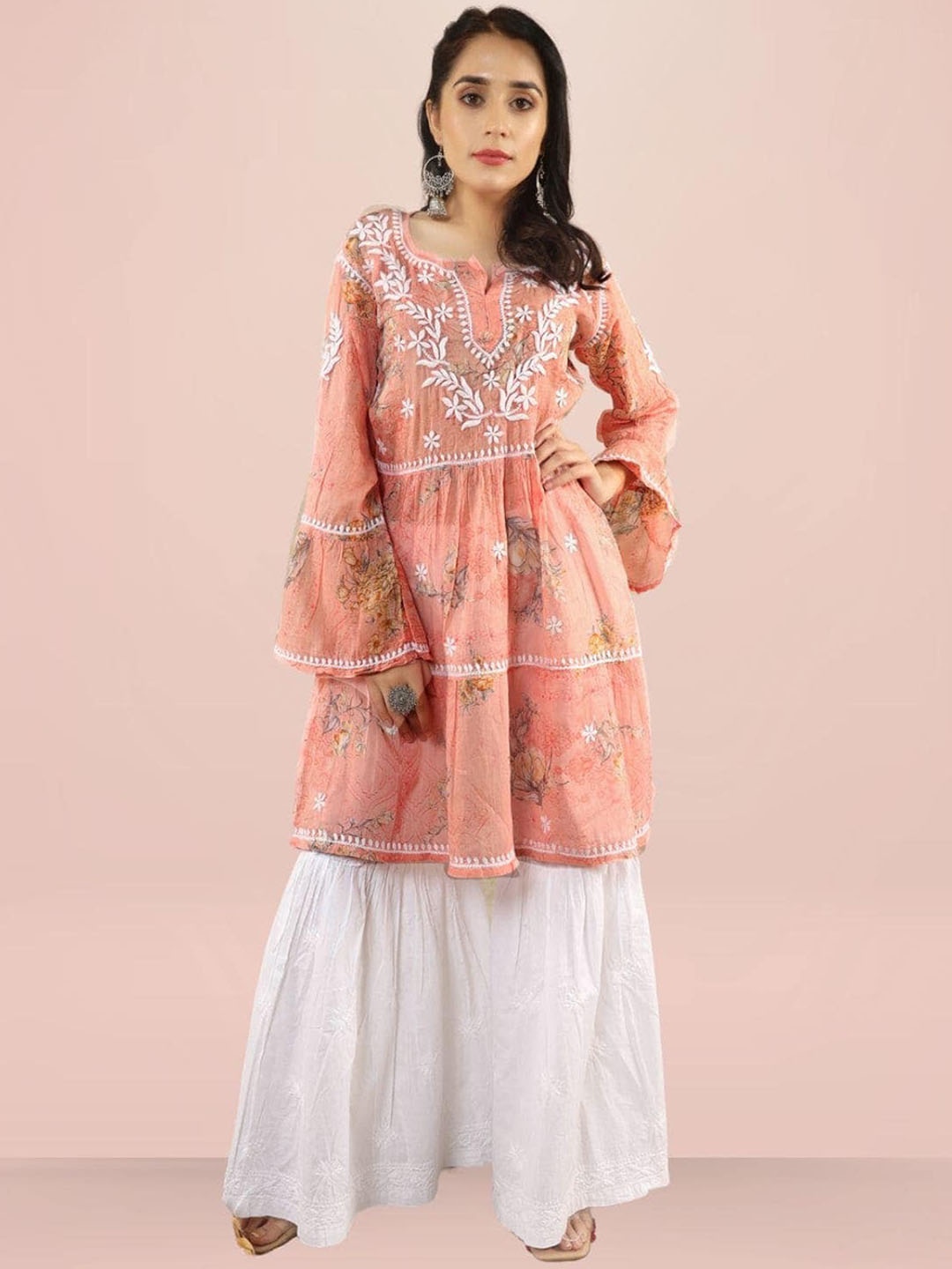 

House of Chikankari Abstract Woven Design Cotton Beads and Stones Anarkali Kurta, Coral