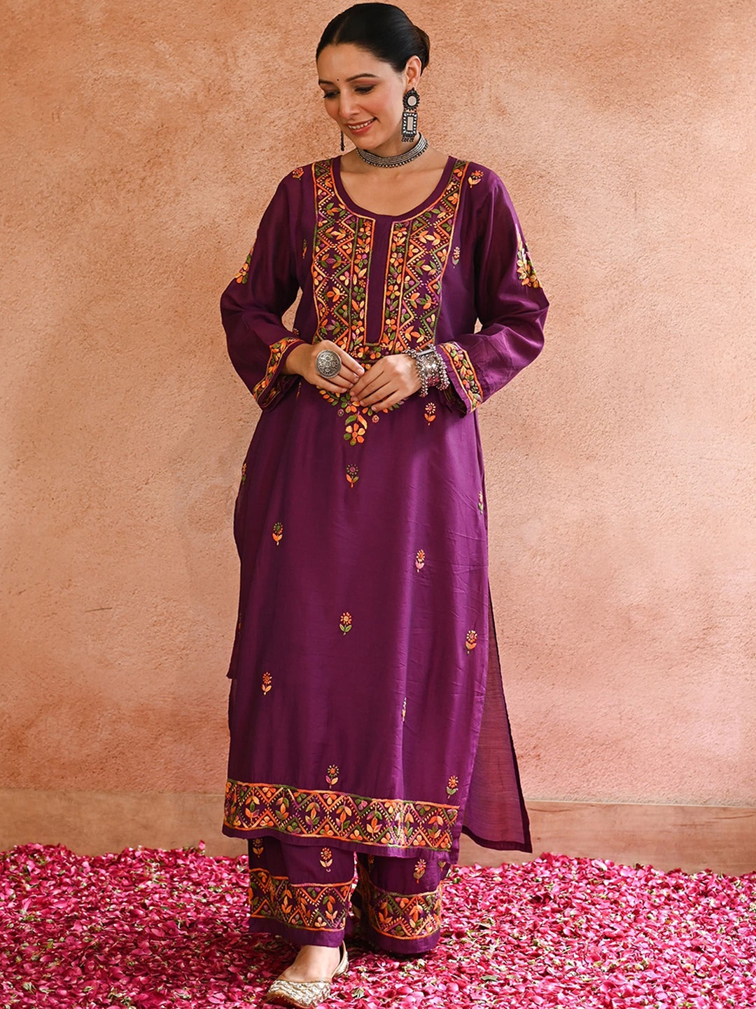 

House of Chikankari Ethnic Motifs Embroidered Round Neck Straight Kurta with Palazzos, Purple