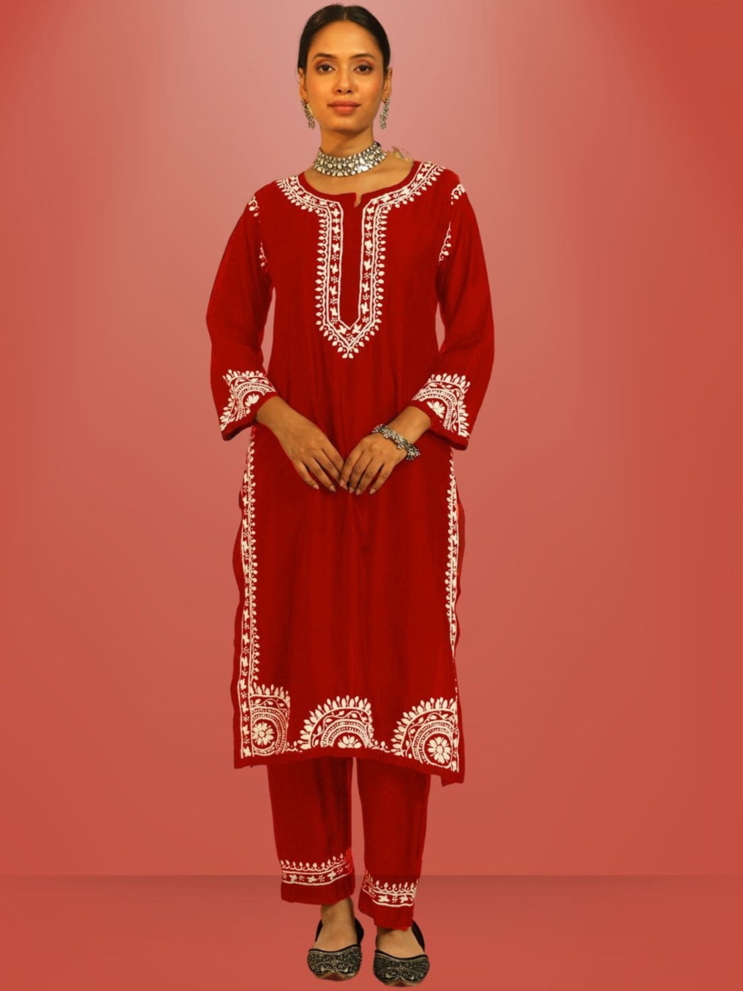 

House of Chikankari Ethnic Motifs Embroidered Notched Neck Straight Kurta with Trousers, Red