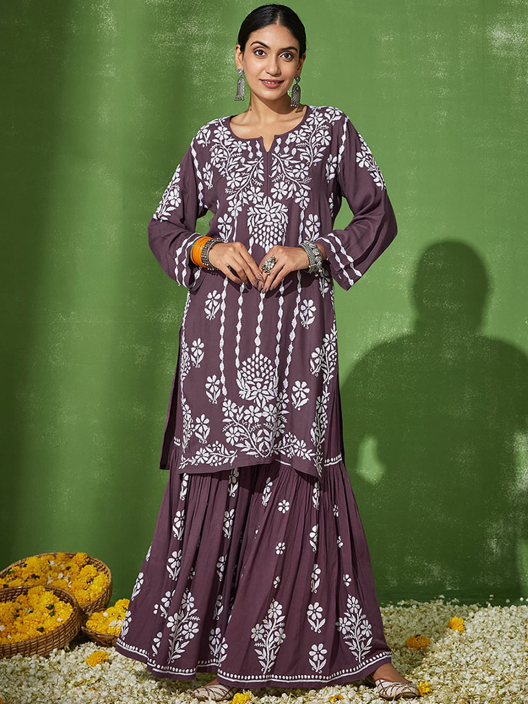 

House of Chikankari Ethnic Motifs Embroidered Thread Work Straight Kurta with Sharara, Mauve