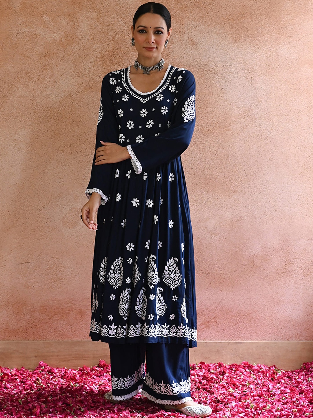 

House of Chikankari Ethnic Motifs Embroidered Empire Kurta With Palazzo, Navy blue