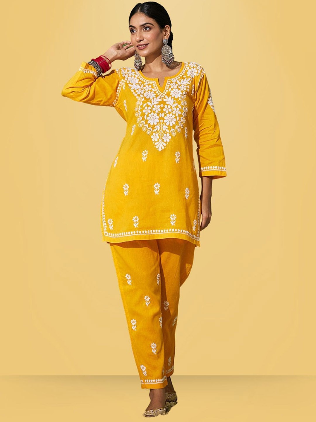 

House of Chikankari Embroidered Thread Work Pure Cotton Straight Kurti with Trousers, Yellow