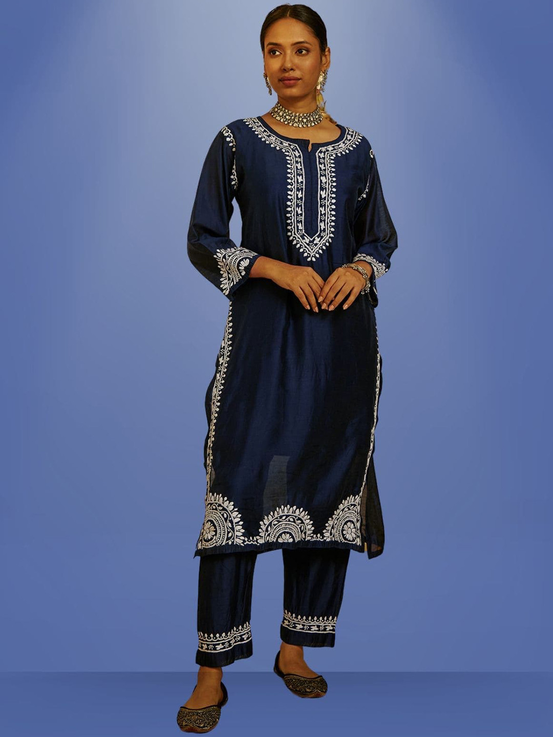 

House of Chikankari Ethnic Embroidered Round Neck Straight Kurta with Trousers & Dupatta, Blue