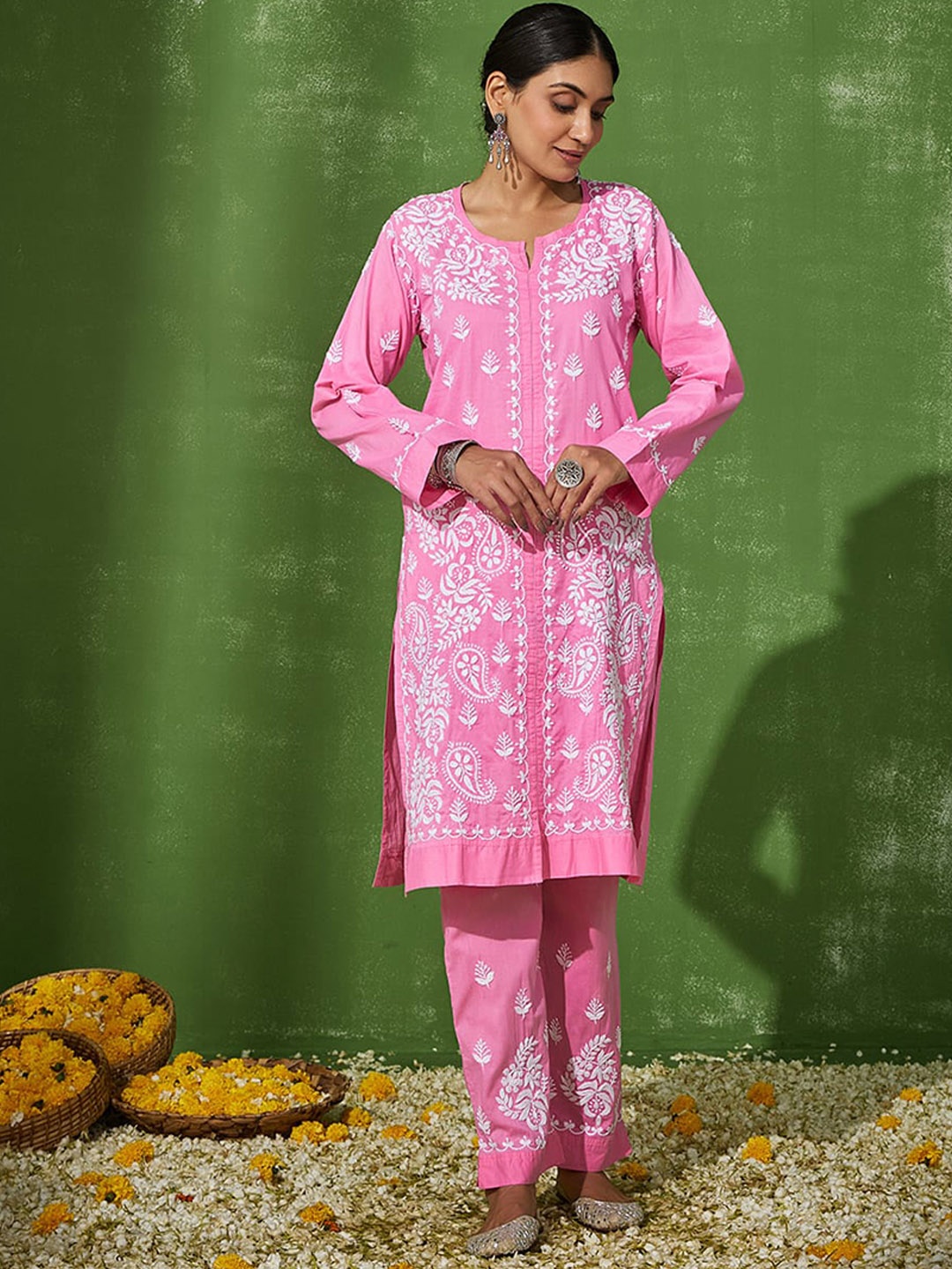 

House of Chikankari Paisley Embroidered Chikankari Pure Cotton Straight Kurta with Trouser, Pink