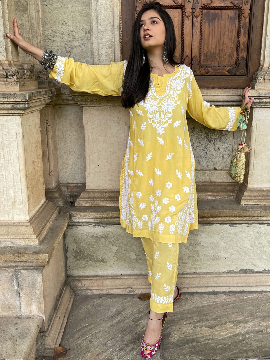 

House of Chikankari Chikankari Woven Kurta Set, Yellow