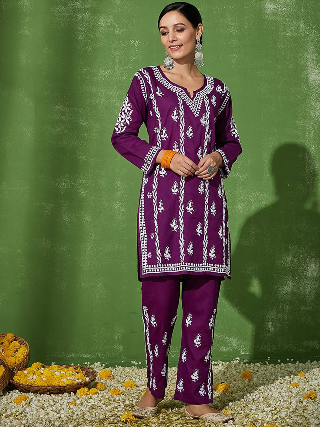 

House of Chikankari Ethnic Motifs Embroidered Notched Neck Straight Kurta with Trousers, Purple