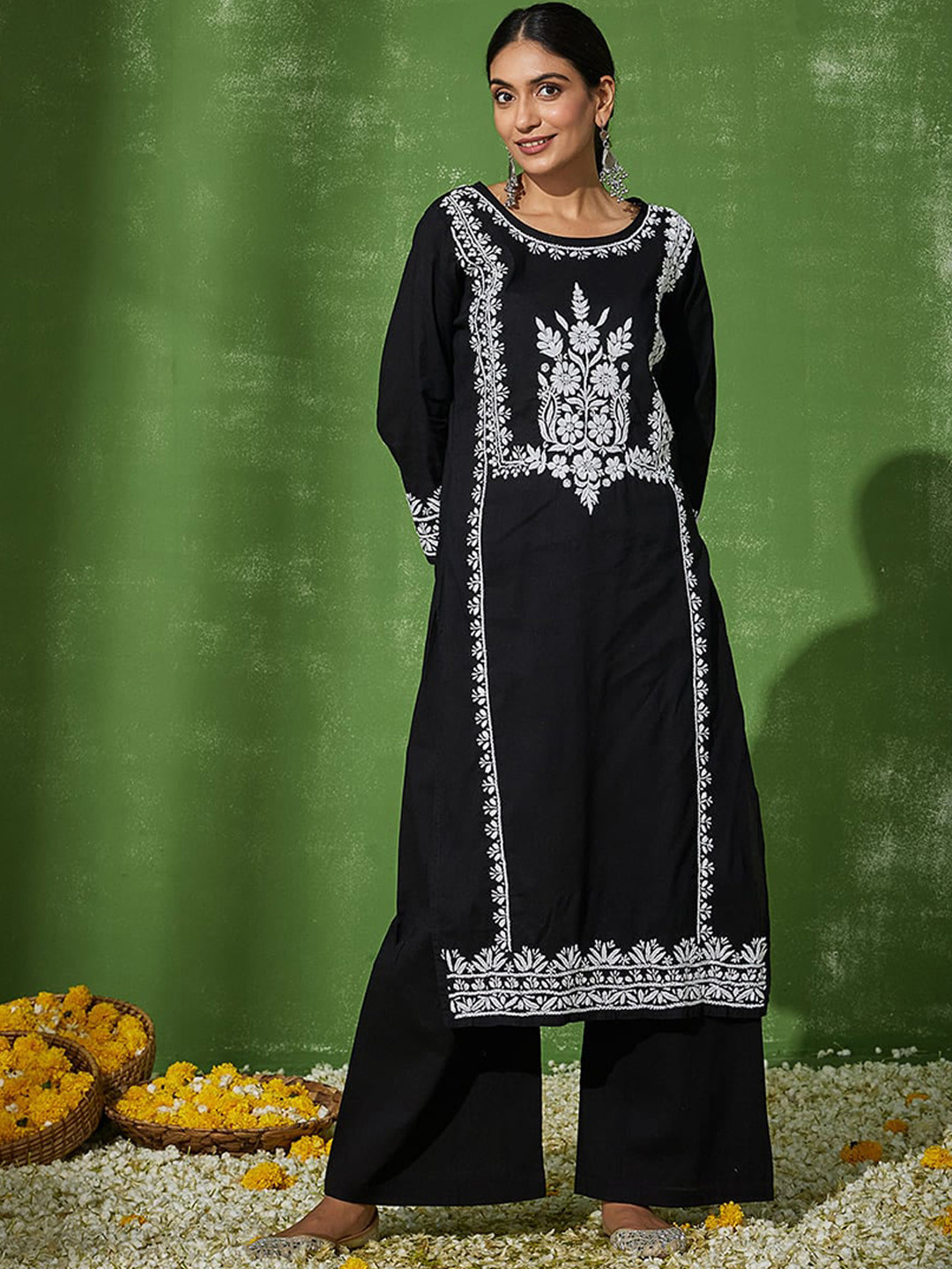 

House of Chikankari Ethnic Motifs Embroidered Round Neck Straight Kurta with Palazzos, Black