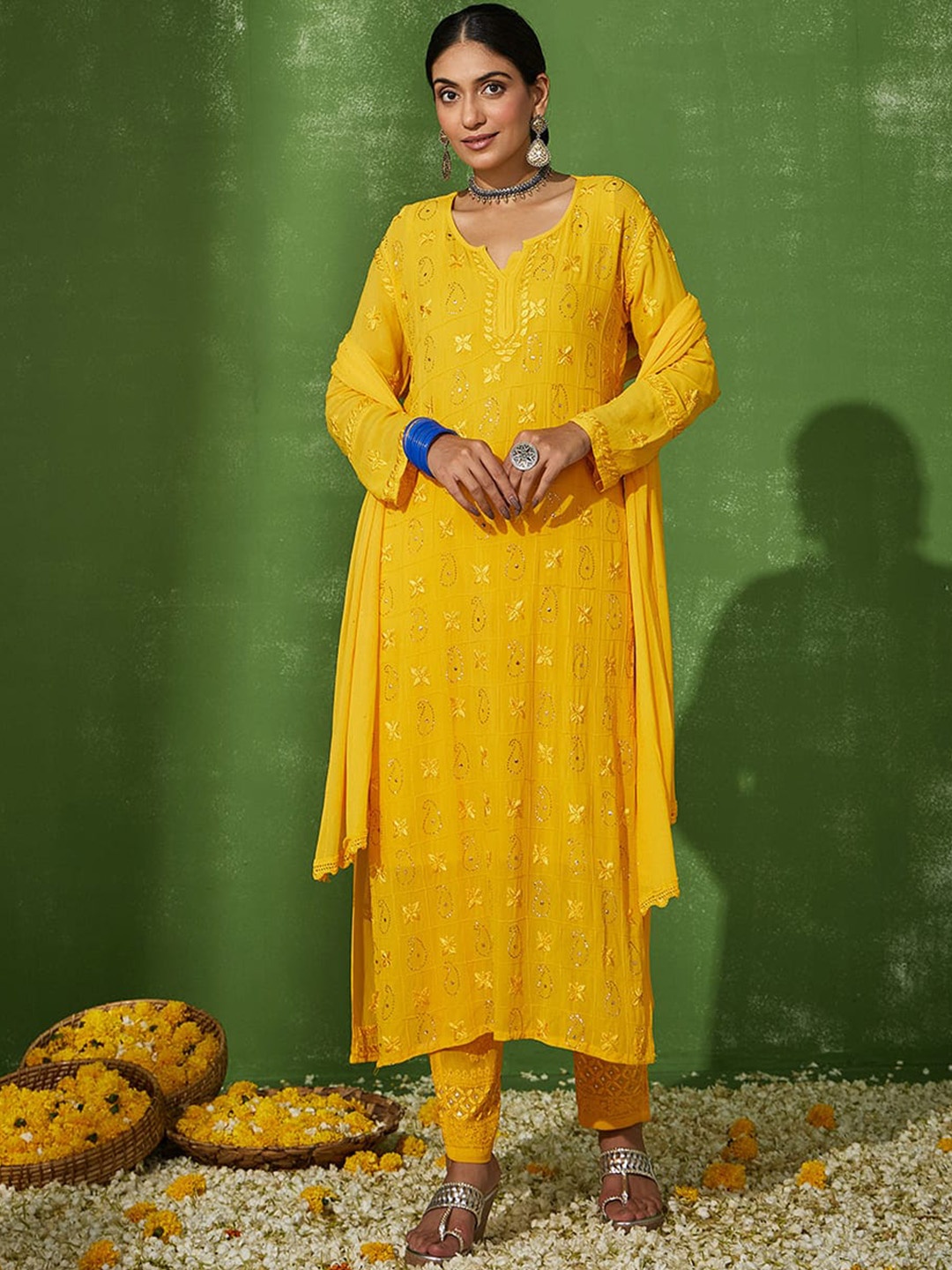 

House of Chikankari Chikankari Woven Kurta Set, Yellow