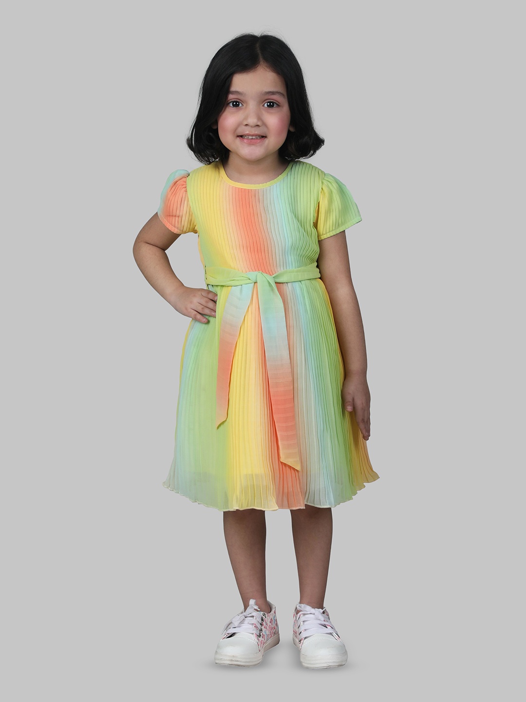 BAESD Girls Colourblocked Cotton A-Line Dress With Belt, Green