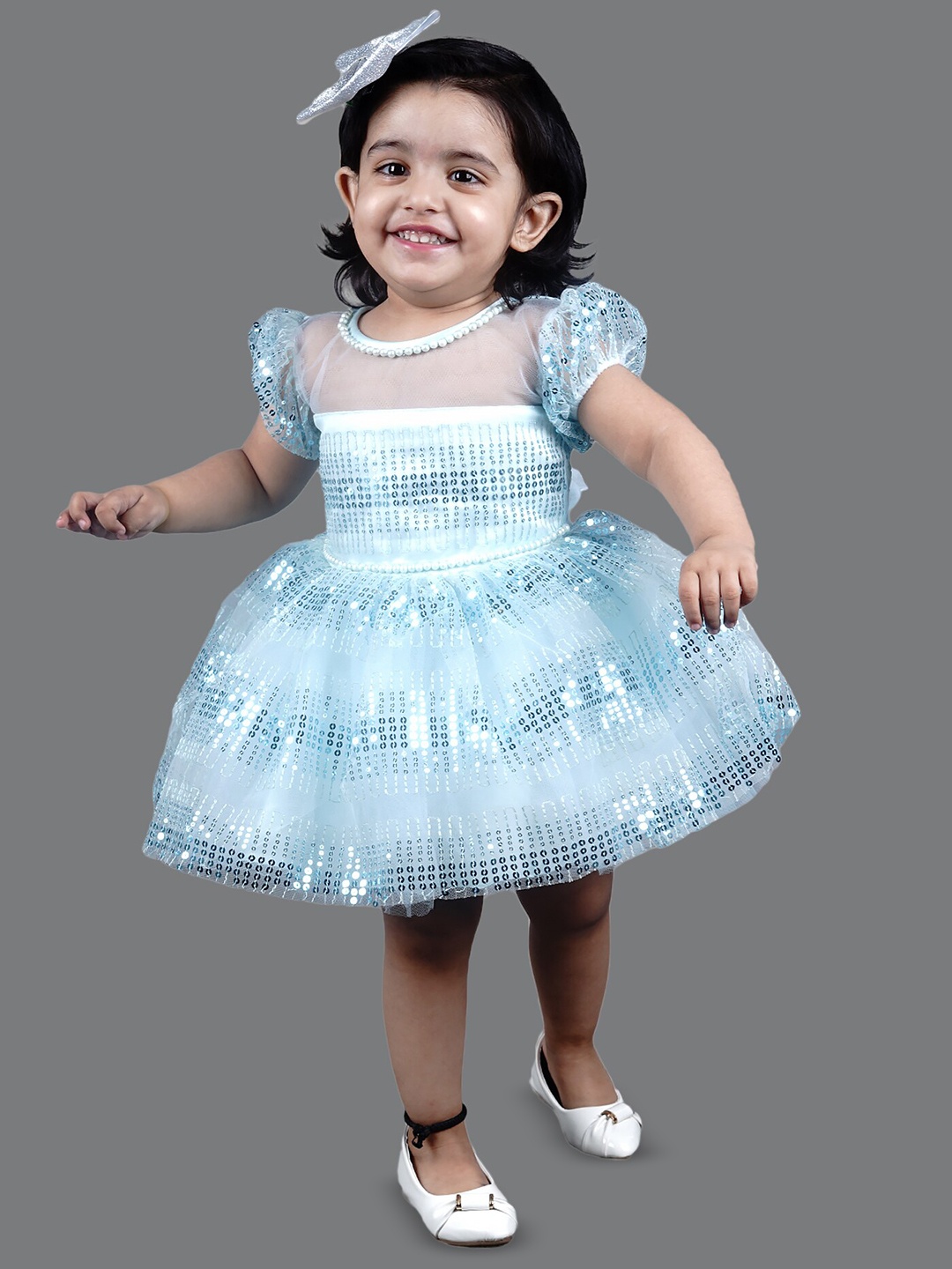 

BAESD Girls Embellished Puff Sleeves Sequinned Detailed Net Fit & Flare Dress, Blue