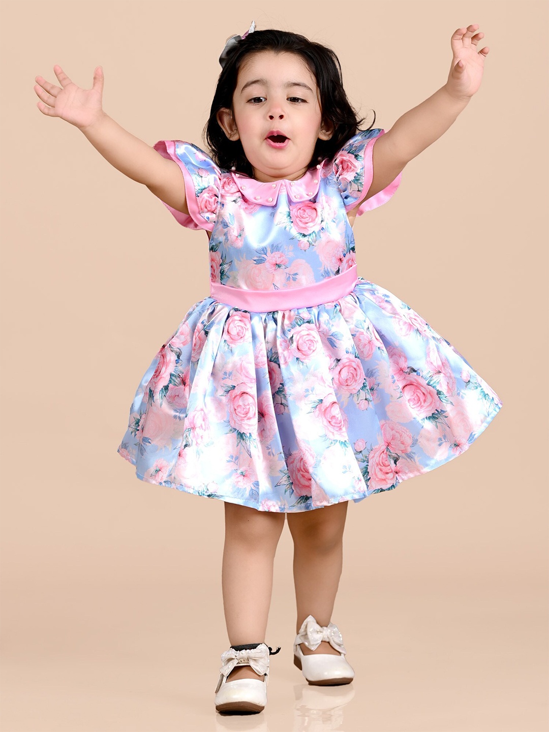 

BAESD Girls Floral Print Satin Cap Sleeves Fit & Flare Dress Comes with A Belt, Blue