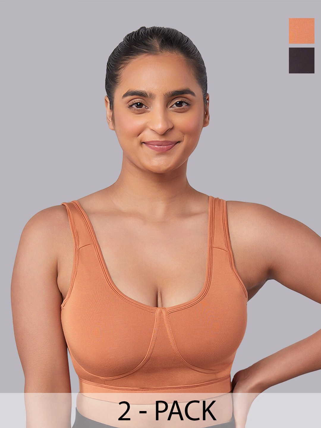 

MAASHIE Pack of 2 Slip on Style Athleisure Bra AL-BLK, Brown