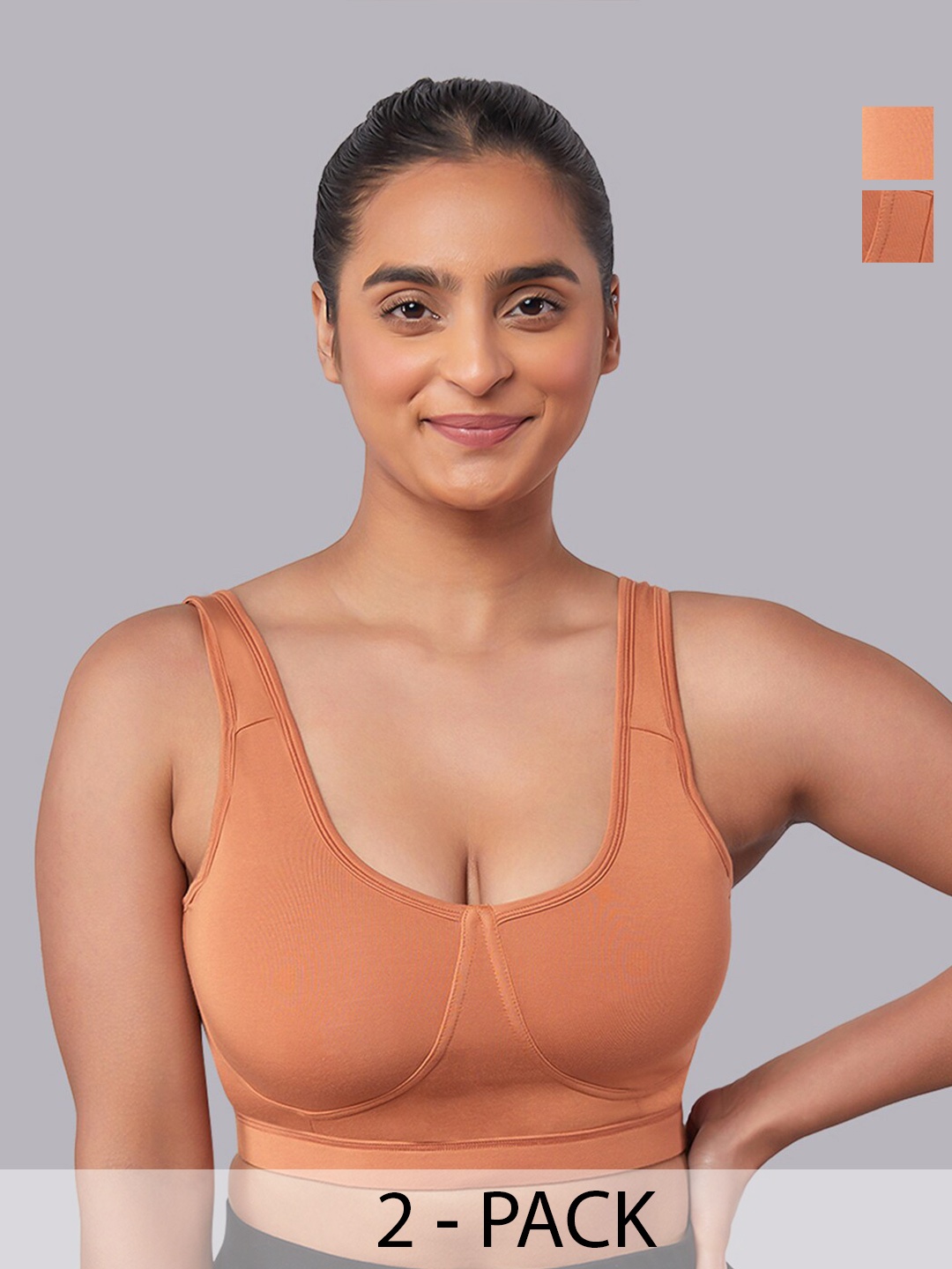 

MAASHIE Pack of 2 Slip on Style Athleisure Bra AL-AL, Brown