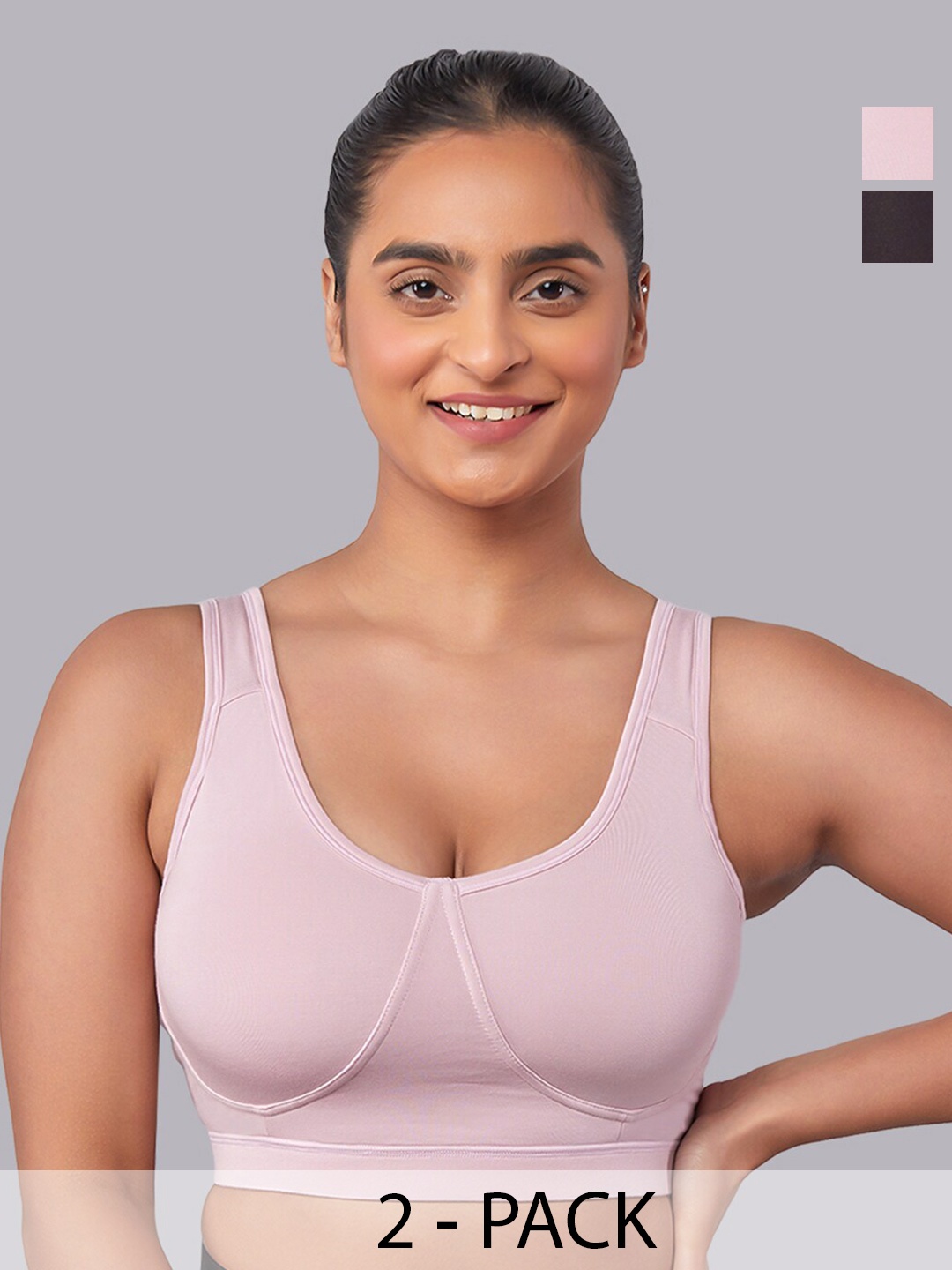 

MAASHIE Pack of 2 Slip on Style Athleisure Bra CR-BLK, Pink